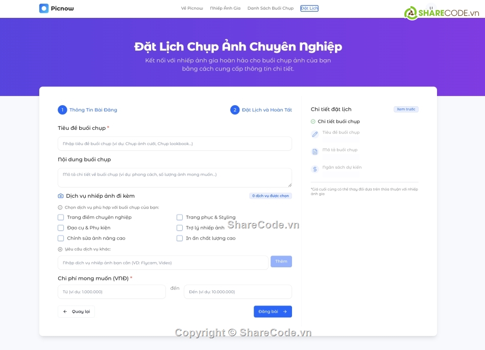 source code chụp ảnh,website đặt lịch chụp ảnh,nextjs nestjs source code,source code marketplace,thanh toán vnpay source code,dashboard admin
